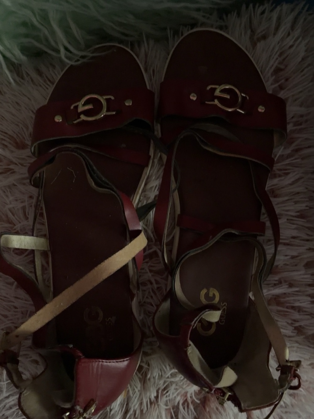 Guess Women’s Burgundy Strappy Sandals with Gold Trim